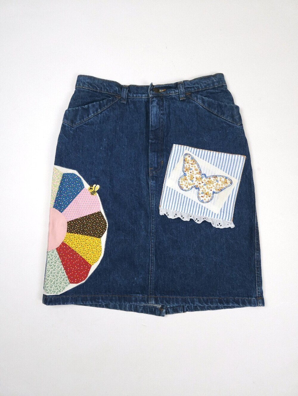 Gap Vintage 70s Upcycled Denim Skirt Patchwork Dresden Calico Medium